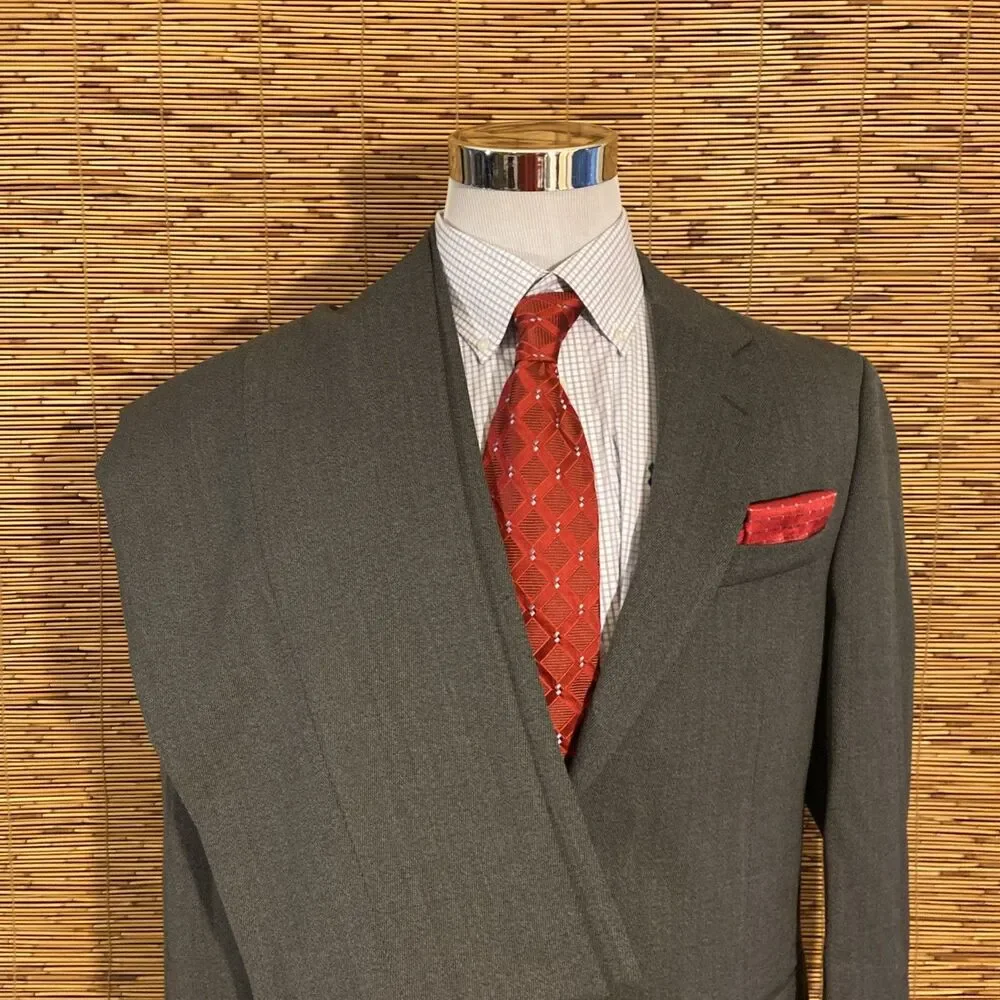 Luxury 2PC Suit Men’s 44 Wool Blend Gray Business Wedding Formal Jacket & Pants